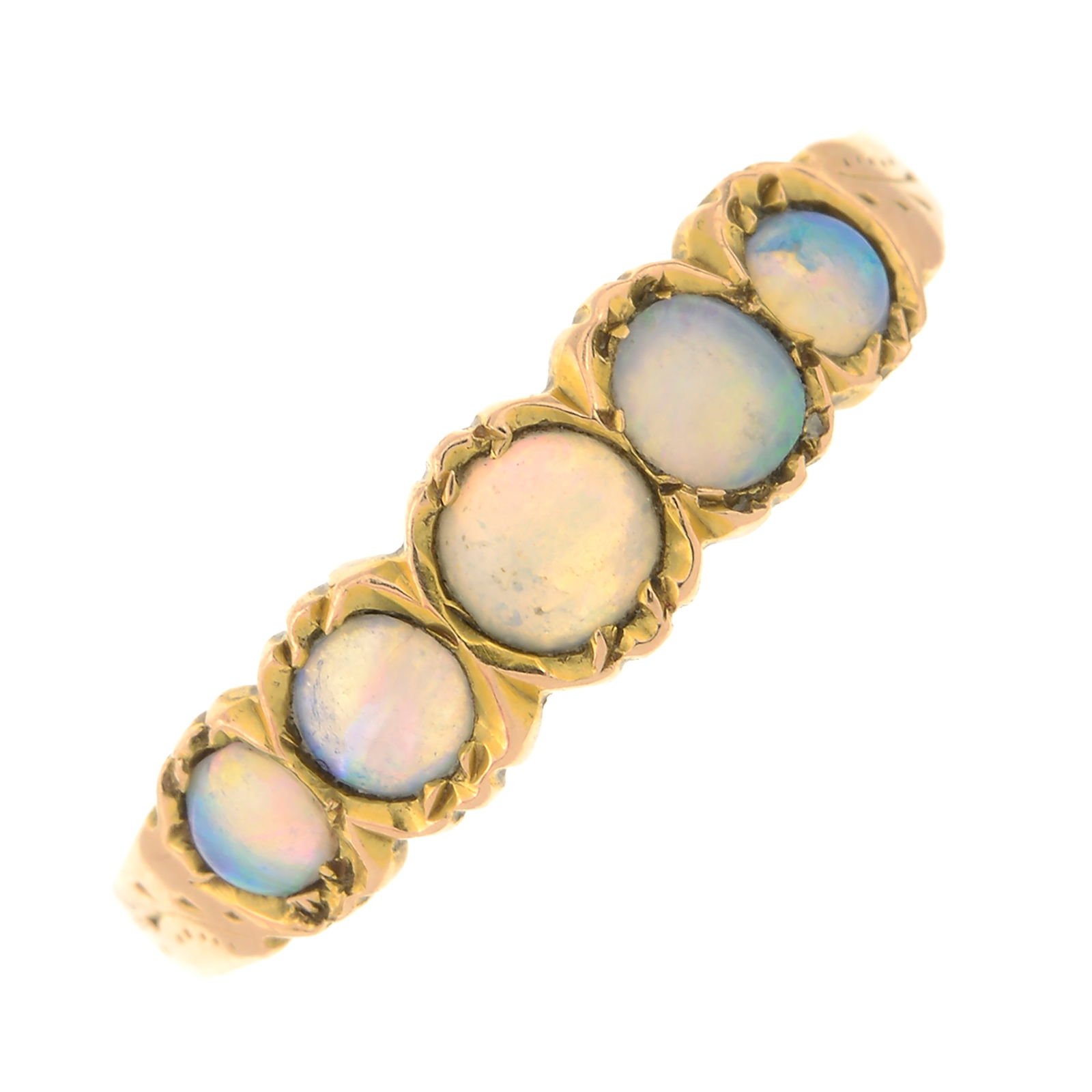 Late Victorian 15ct gold opal five-stone ring: Late Victorian 15ct gold opal five-stone ring Hallmarks for Birmingham. Condition Report: Some surface scratches, surface abrasions, and minor surface discolouration. Opals appear translucent, with a