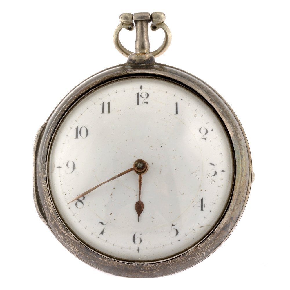 A George III silver key wind pair case pocket watch by : A George III silver key wind pair case pocket watch by James Davey, London, the white enamel dial with black Arabic numeral hour marks surrounded by an outer minute track, plain cases, hallmarked Lond