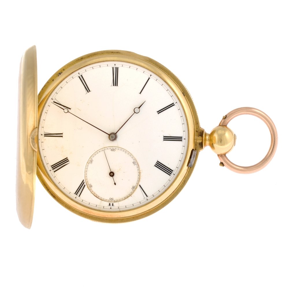 An 18k gold key wind full hunter pocket watch case sign: An 18k gold key wind full hunter pocket watch case by Poitevin, retailed by Tiffany & Co, the white enamel dial with black Roman numeral hour markers, subsidiary seconds dial to six o'clock, all surro