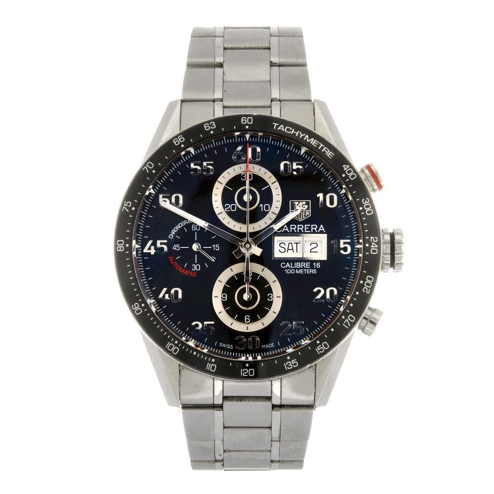 (307092251) A stainless steel automatic chronograph gen: (307092251) TAG HEUER - a stainless steel automatic chronograph gentleman's Carrera Calibre 16 bracelet watch, the black dial with hourly applied silvered Arabic divisions, split day and date aperture