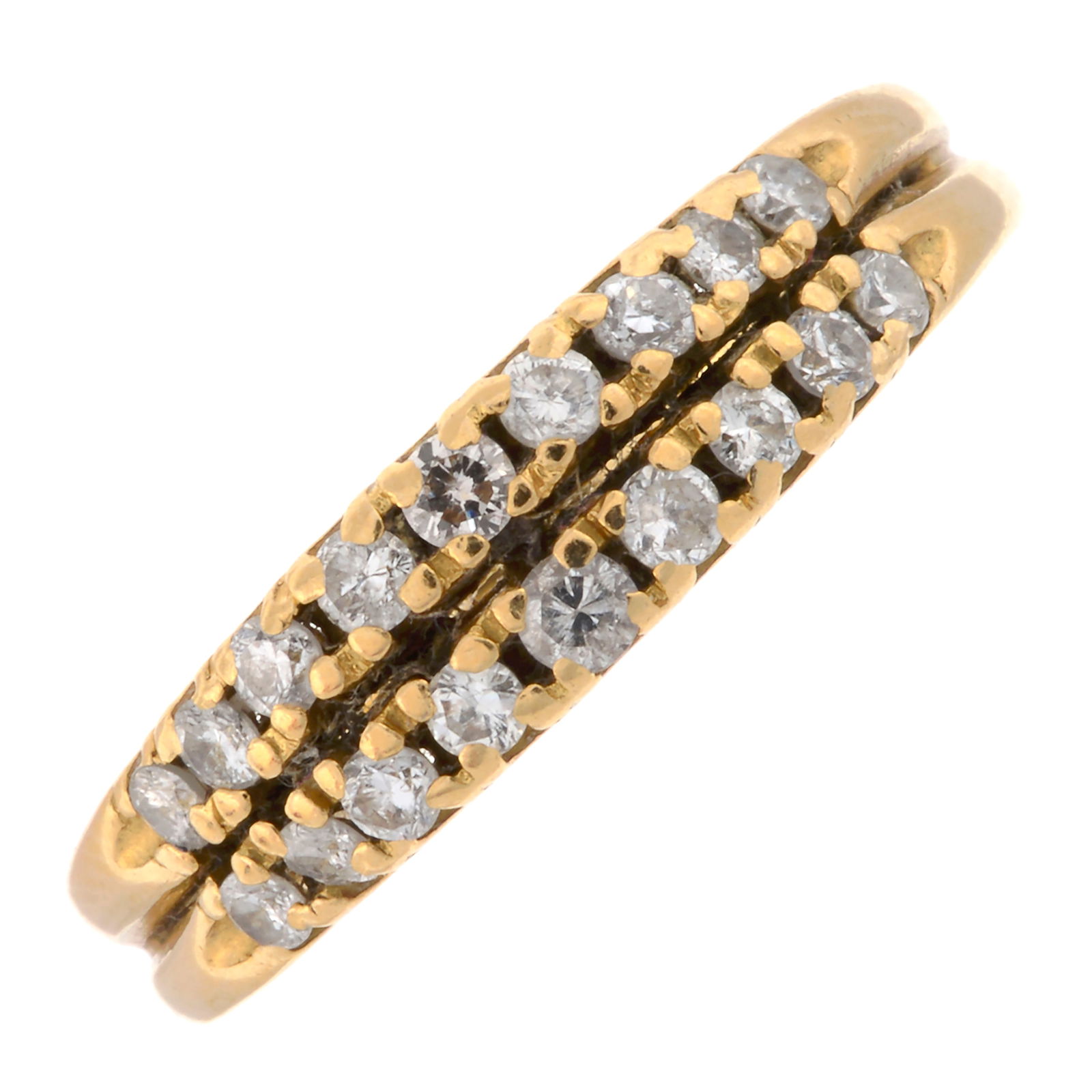 Diamond two-row half eternity ring: Diamond two-row half eternity ring Stamped 18K. Estimated ring size Q. Condition Report: General marks, wear and minor dents in keeping with general age and wear. Ring size is estimated due to two inn