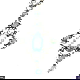 Edwardian silver split pearl, mother-of-pearl & aquamarine pendant necklace