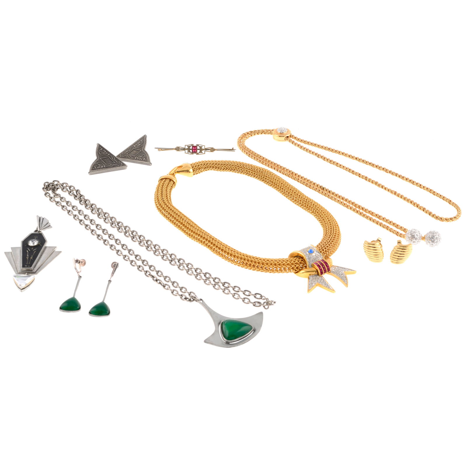 Assorted jewellery: Assorted jewellery To include a pair of collar clips, a pair of earrings, by Trifari and a paste and enamel 'Coco Casket Coffin' pendant, by Alchemy Gothic, together with others. Condition Repor