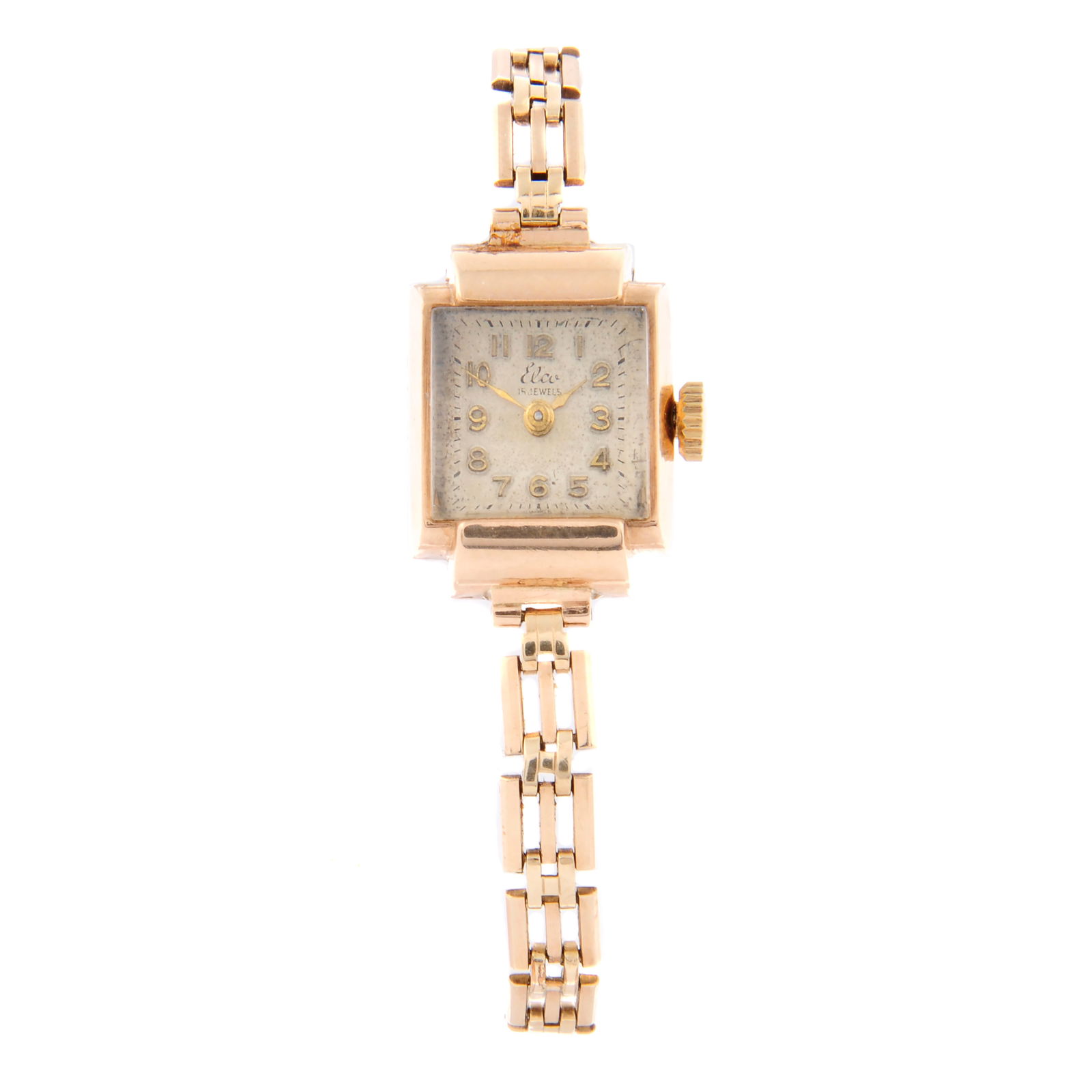 Elco - watch: Elco - watch 9ct yellow gold case hallmarked London 1951. Numbered 57744. Signed manual wind movement. Silvered dial. On a an unsigned 9ct yellow gold bracelet with fold clasp. 13g. Condition Report: