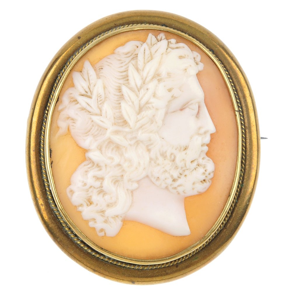A late 19th century cameo brooch.: A late 19th century cameo brooch, of oval-shape outline, the shell cameo carved to depict a bearded gentleman, within a rope-twist surround. Length 5.2cms.