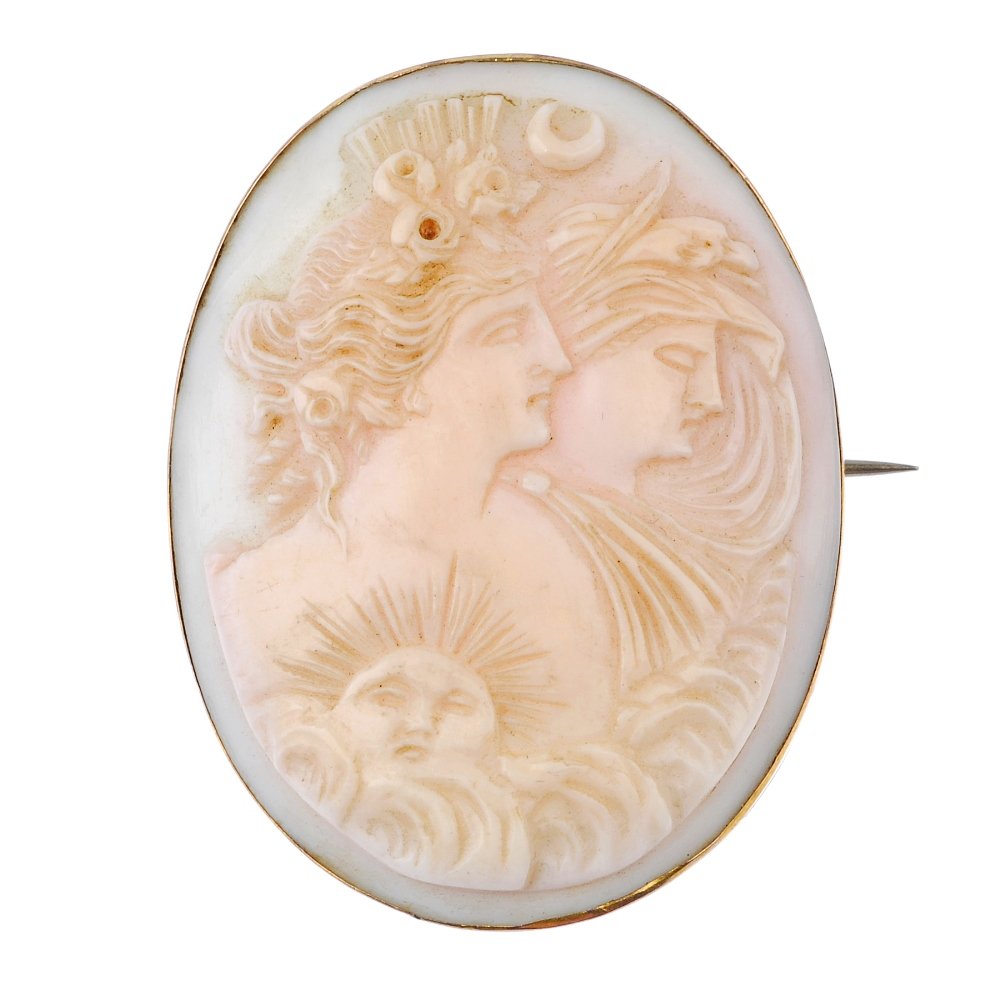 A selection of cameo jewellery.: A selection of cameo jewellery, to include an oval conch shell cameo brooch, depicting Selene and Nyx, two shell cameo brooches depicting the profile of a lady and a shell cameo ring depicting a bacch