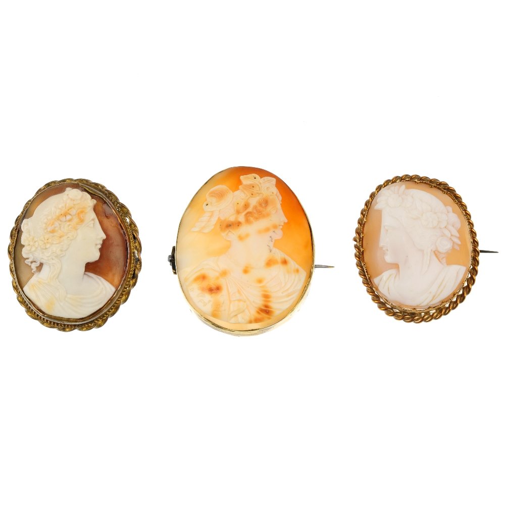 A selection of eight cameos.: A selection of eight cameos, to include seven shell cameos, each depicting the profile of a lady, within a rope-twist or scrolling surround, together with a cameo brooch depicting the profile of a man