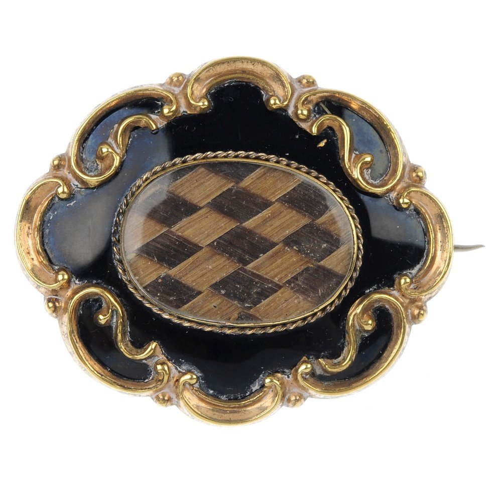 A selection of five late 19th to early 20th century bro: A selection of five late 19th to early 20th century brooches, to include a woven hair panel and black enamel mourning brooch, a yellow paste knot brooch and a purple paste knot brooch. Some items AF.