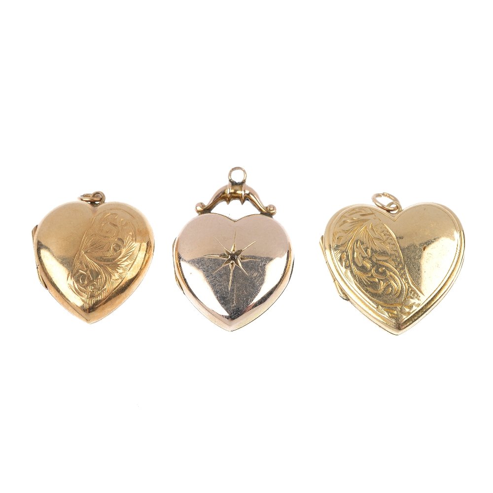 A selection of five 9ct gold front and back lockets.: A selection of five lockets, to include four heart-shape lockets and one oval-shape locket. Four stamped '9ct bk & ft'. Lengths 4 to 2.3cms. Total weight 18.5gms.