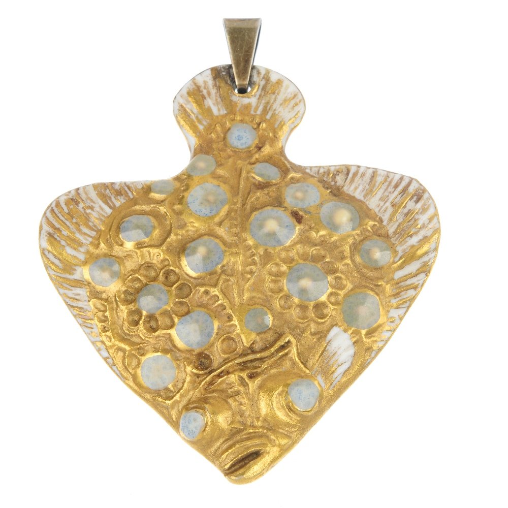 A. MICHELSON - a Royal Copenhagen ceramic and enamel fi: A. MICHELSON - a Royal Copenhagen ceramic and enamel fish pendant, designed as a plaice, with mottled enamel spots and gilt finish. Royal Copenhagen maker's mark. Anton Michelson mark to surmount. Len