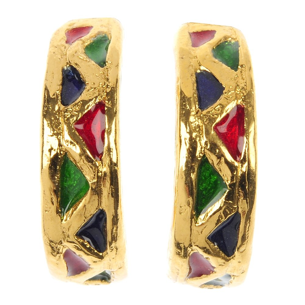 A selection of costume jewellery.: A selection of costume jewellery, to include a pair of Yves Saint Laurent enamel ear hoops and a paste flower brooch. (11).