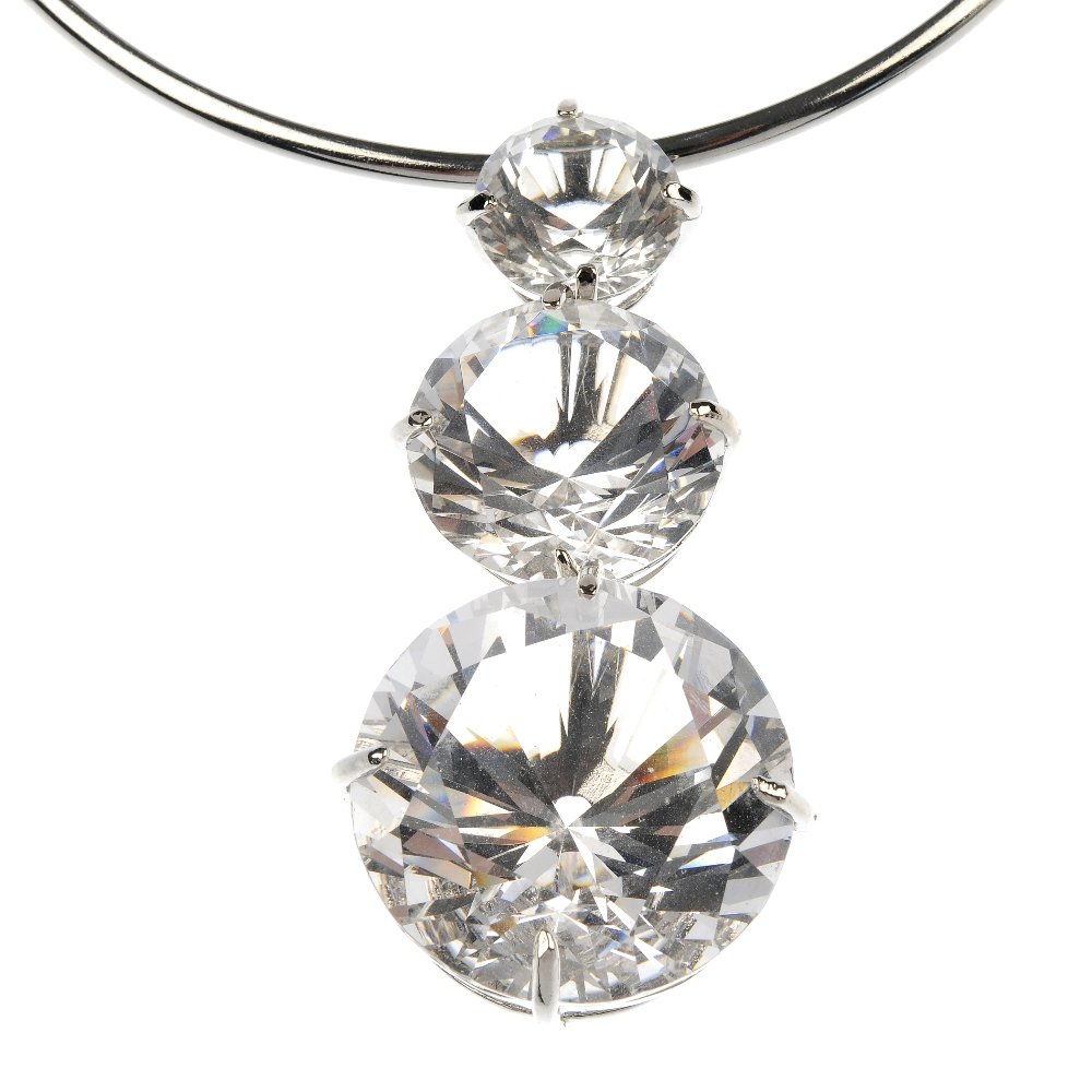 A selection of costume jewellery.: A selection of costume jewellery and accessories, to include a graduated paste three-stone pendant, suspended from a plain collar, a colourless paste wide bangle, together with further items. Some AF.