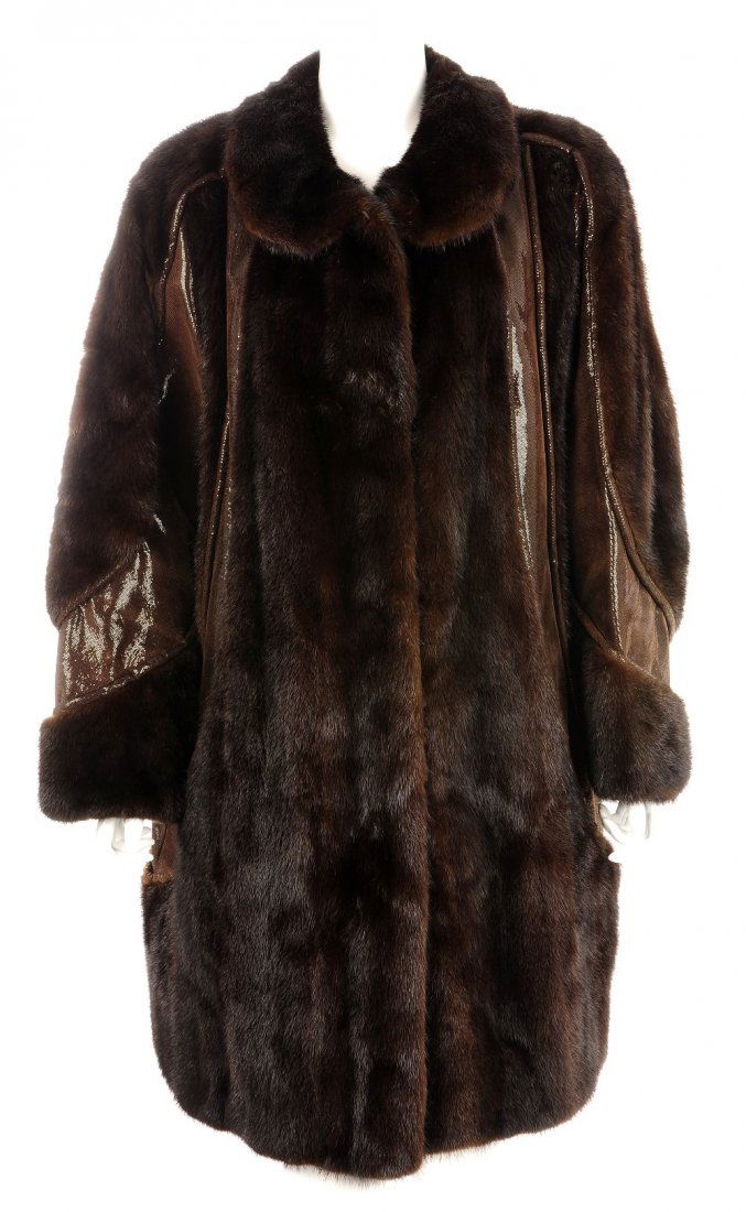 FISCHER PELZE BERLIN- brown mink coat: FISCHER PELZE - a 1980s brown lined knee length mink fur coat, with synthetic snake skin panelling, four hook and eye fastenings, a folded collar, three lined pockets and an equestrian effect print to