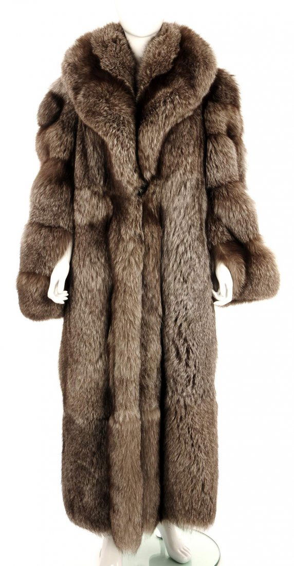 A grey long silver fox fur coat