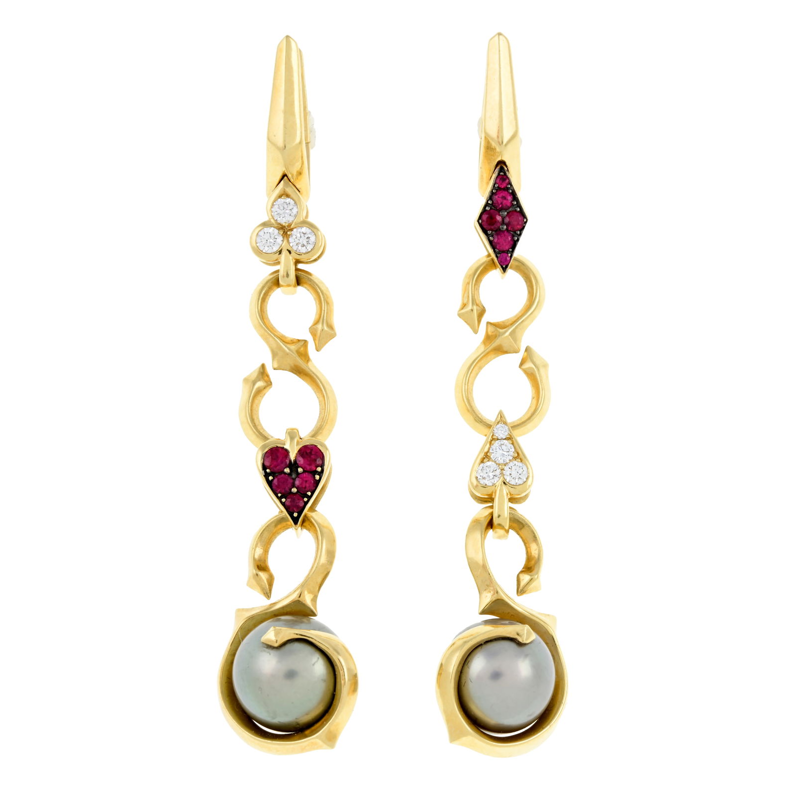 Diamond and gem earrings, by Stephen Webster: With 'Tahitian' cultured pearl drop and ruby and diamond playing card motifs.?Estimated total diamond weight 0.30ct, G-H colour, VS clarity.?Stamped K18.?Cultured pearls untested for natural colour or