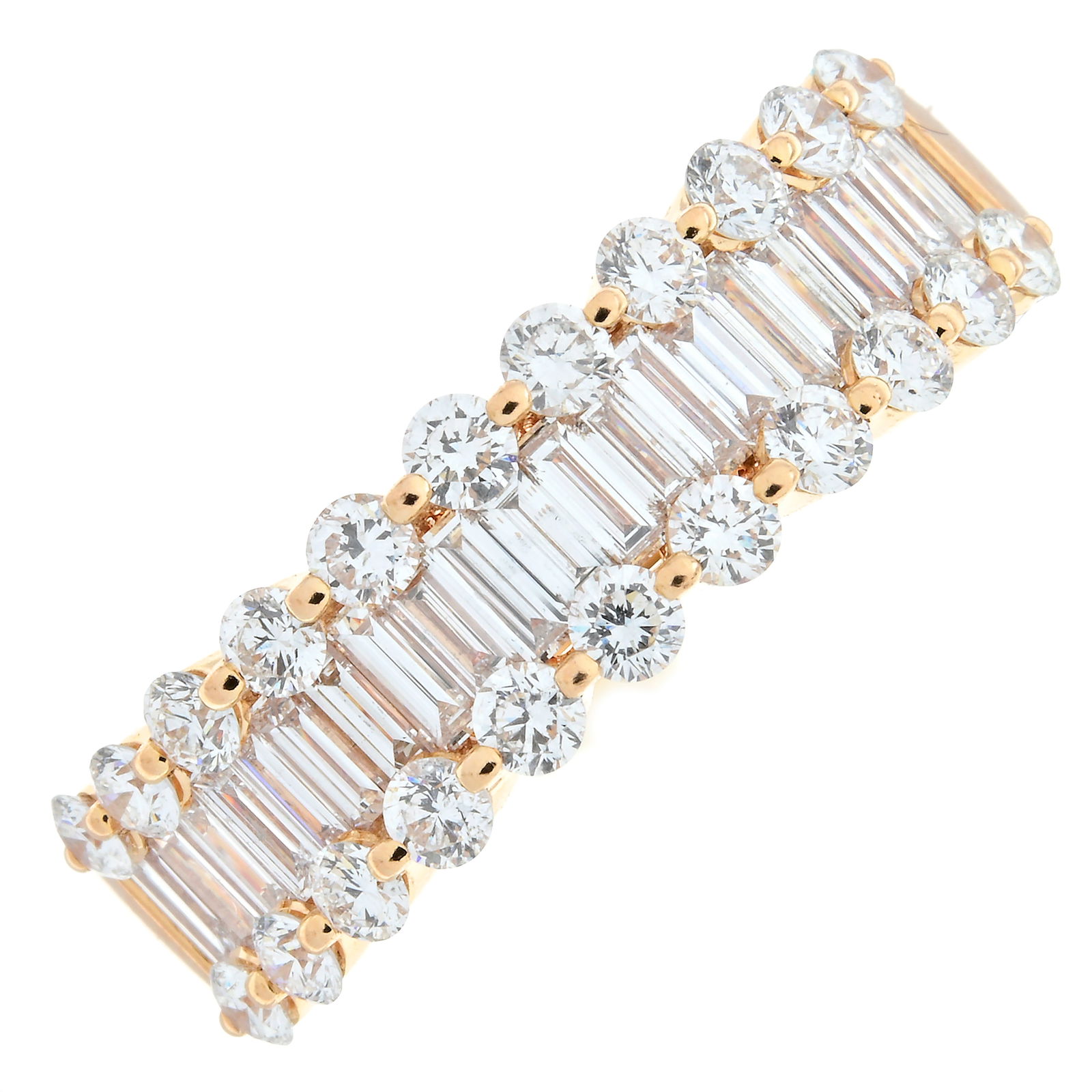 18ct gold diamond ring, by Bucherer: Diamonds estimated G-H colour, VS clarity.?Swiss convention marks, partially indistinct.?