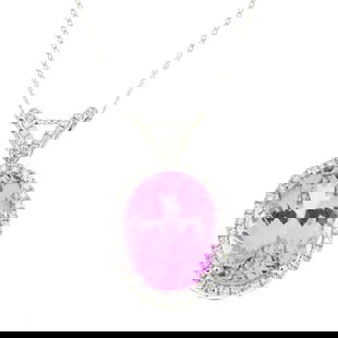 18ct gold kunzite and diamond pendant, with chain: Pendant with hallmarks for Birmingham, chain stamped 750.Length of pendant 2.6cm, length of chain 45.8cm.