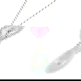 Kunzite, diamond and cultured pearl pendant: With platinum chain. Kunzite weight 8.82cts.Total diamond weight 0.32ct. Chain with hallmarks for Birmingham. Length of chain 46cms.