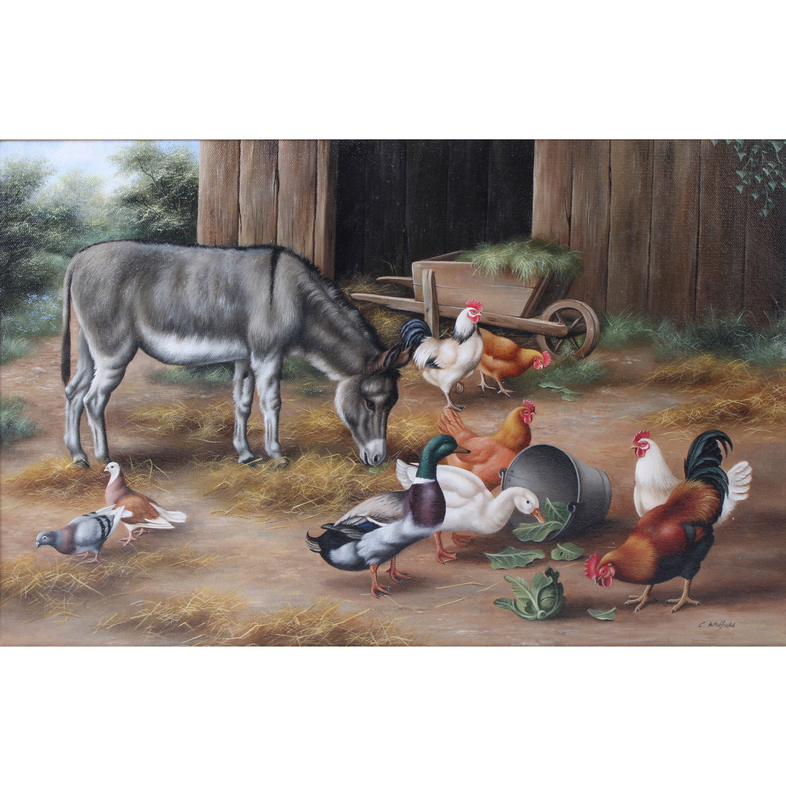 Carl Whitfield (1958-) Oil painting of farm scene: Carl Whitfield (1958-) Oil painting of farm scene Carl Whitfield (B. 1958) - Oil on canvas farm scene with donkey and birds before a barn, all in the style of Edgar Hunt, signed lower right, image 32.