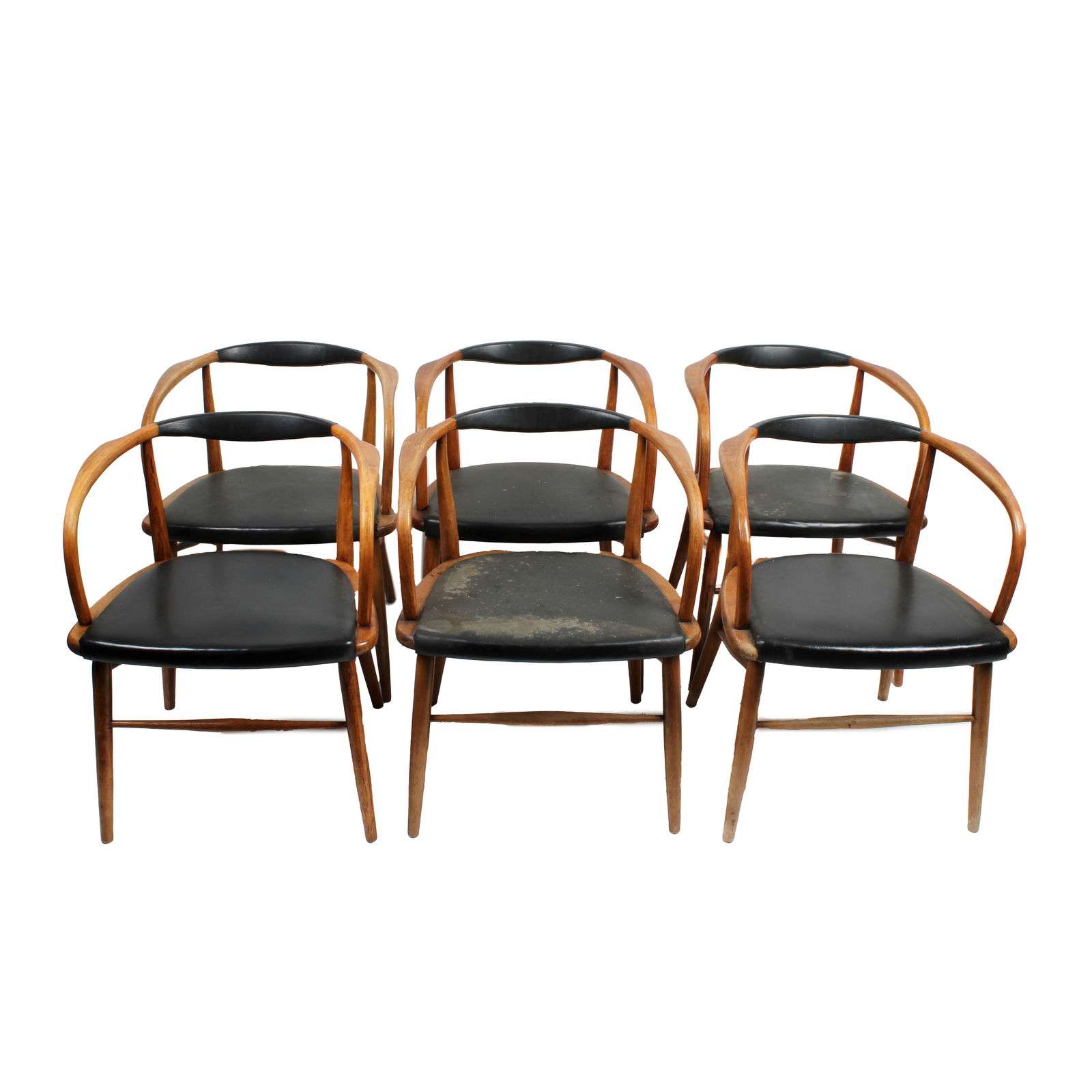 Six mid century armchairs: Six mid century armchairs A set of six mid 20th century bentwood armchairs in walnut and black leatherette, unmarked, the design attributed to Jack Cartwright and produced by the Boling Chair Company,