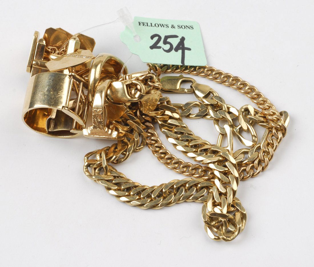 (531186-2-A) An assortment of gentleman's 9ct gold jewe: (531186-2-A) An assortment of gentleman's 9ct gold jewellery. To include two curb-link bracelets, a figaro-link bracelet, two signet rings, a band ring and three pairs of cufflinks. Seven with hallmar