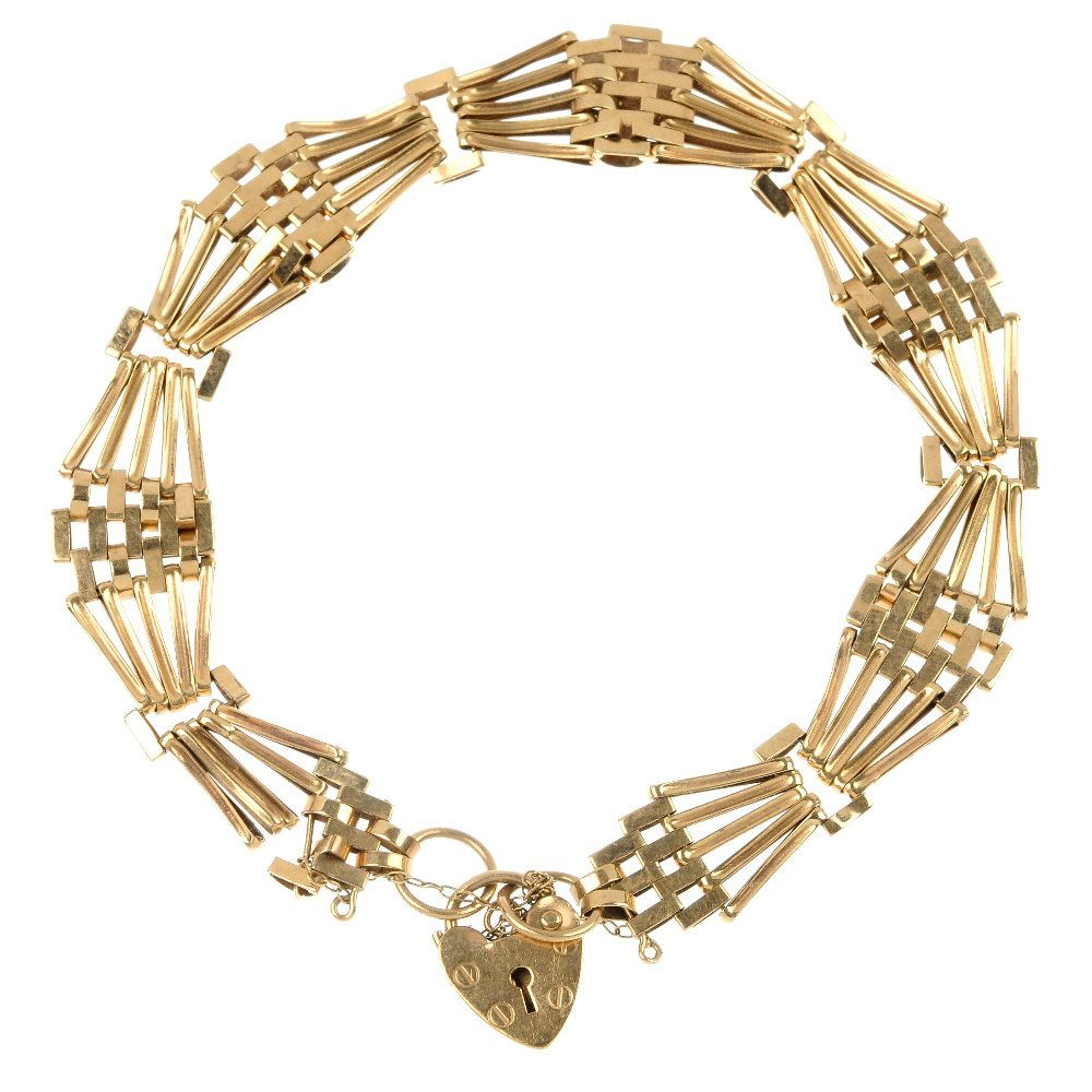 (400203-1-A) A selection of four 9ct gold bracelets.: (400203-1-A) A selection of four 9ct gold bracelets. To include three modified brick-link bracelets with heart-shape padlock clasps, together with a fancy-link bracelet. Hallmarks and Import marks for