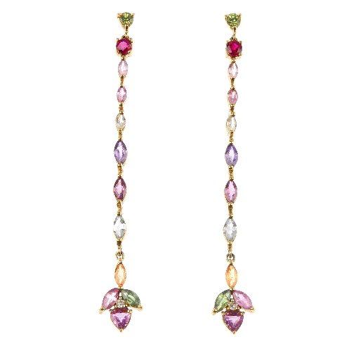 A pair of multi-gem and diamond ear pendants.: A pair of multi-gem and diamond ear pendants. Each designed as a vari-cut multi-gem and brilliant-cut diamond cluster, suspended from a marquise-shape multi-gem line, to include amethyst and aquamarin