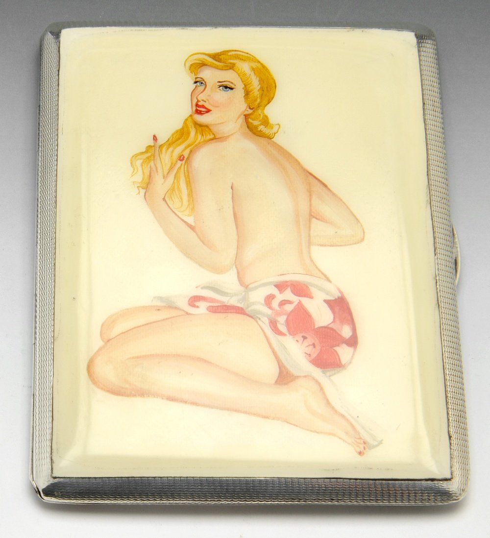 A 1940's silver cigarette case.: A 1940's silver cigarette case of oblong form with engine turned decoration, the case front with applied decorative panel depicting a 1940's style pin up, possibly later added. Hallmarked Bishton's Lt