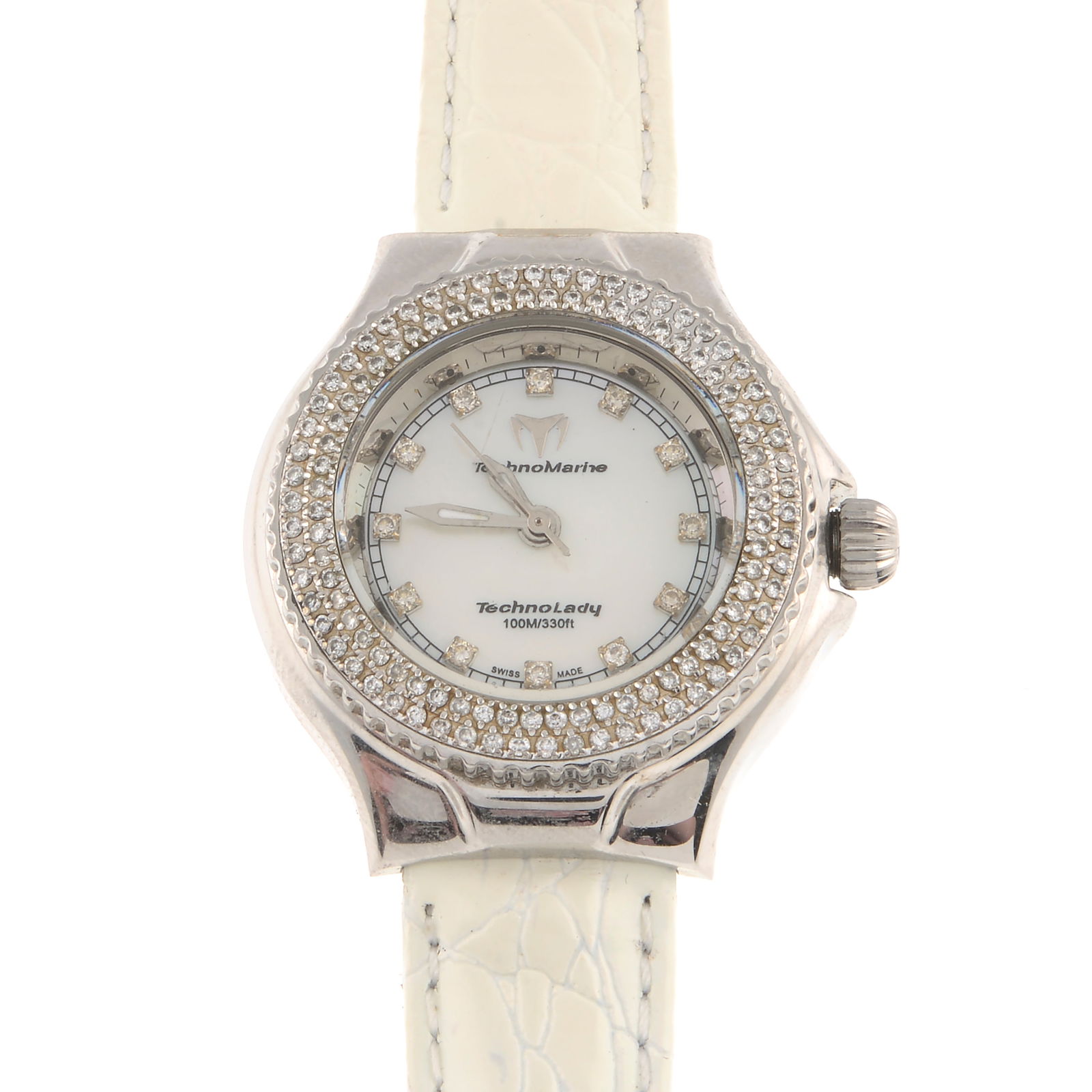 Diamond & mother-of-pearl watch, by Technomarine: Diamond & mother-of-pearl watch, by Technomarine Dial signed Technomarine. Dial stamped stainless steel. Strap stamped genuine leather. Condition Report: Some surface scratches/wear. 
