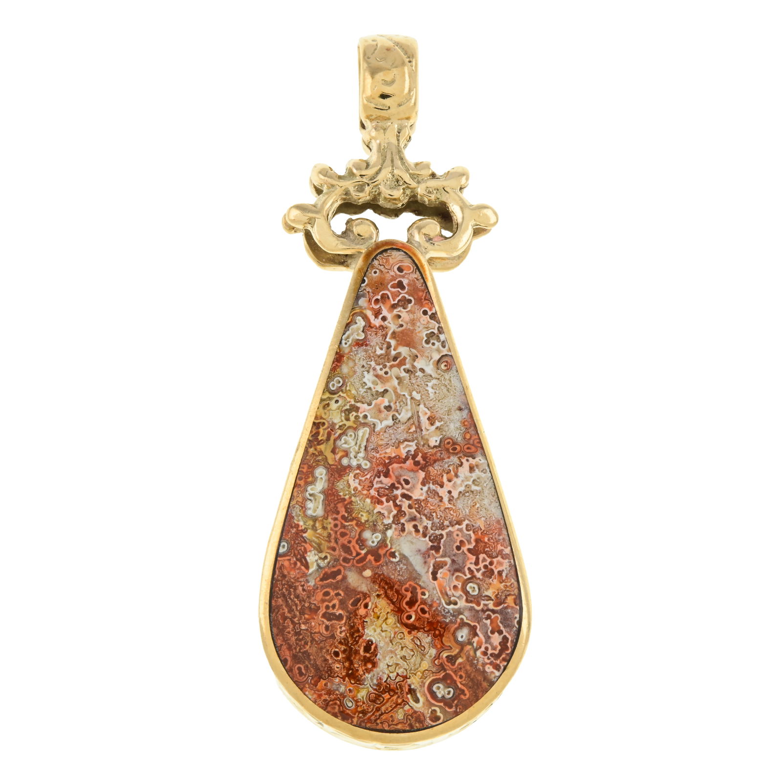 9ct gold agate double-sided pendant: 9ct gold agate double-sided pendant Maker's mark for David Scott-Walker. Hallmarks for Sheffield. Condition Report: General marks and wear.Width at widest point 20mm. Stones with light abrasion a