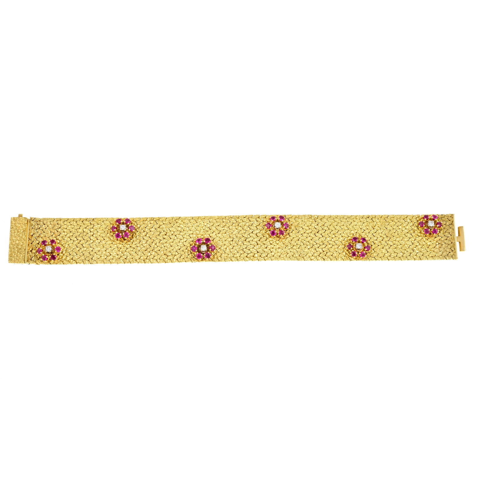 Gold textured bracelet, by Carl Bucherer: With diamond and ruby floral spacers. Estimated total diamond weight 0.30ct, G-H colour, VS clarity. Stamped 750. 