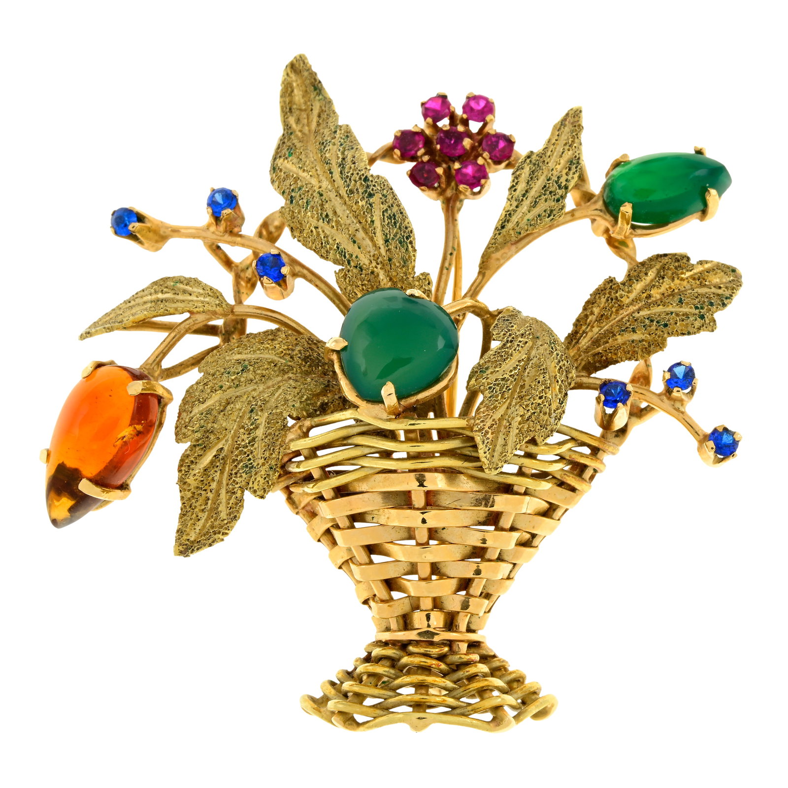 Mid 20th century Italian basket brooch: Italian marks, stamped 750. Secondary stamp CB, possibly that of Carl Bucherer.