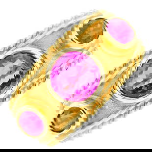 18ct gold pink sapphire and ruby ring: Pink sapphire calculated weight 1.08cts, based on estimated dimensions of 6.35 by 6.3 by 3.4mms.&#160;Hallmarks for Edinburgh.&#160;