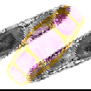 Victorian gold pink sapphire five-stone ring: Estimated dimensions of central sapphire 6.5 by 6mms.