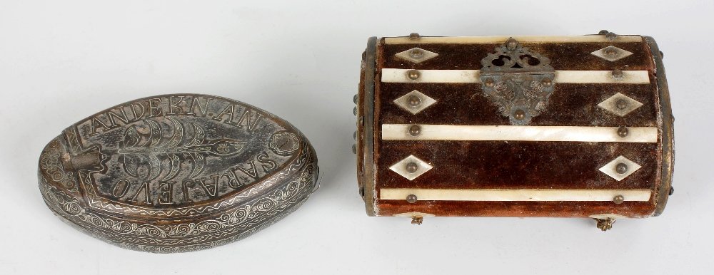 Wooden snuff box, Victorian sewing set & Coronation cup: A small box containing an oval wooden tobacco box with inlaid white metal wire work decoration and name Andekn An Sarajevo, a late Victorian ladies sewing case (af) and a set of 1953 Coronation commem