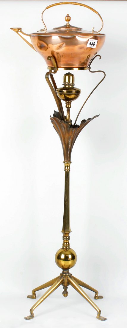 A W.A.S. Benson brass and copper spirit kettle and stan: A W.A.S. Benson brass and copper spirit kettle and stand. (William Arthur Smith Benson, 1854-1924), the unmarked copper kettle of pan-topped form with cane-wrapped handle and fruitwood urn finial over