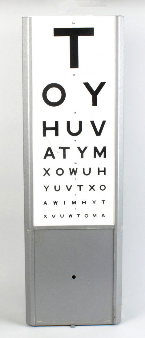 A box containing a group of optical equipment: A box containing a group of optical equipment to include two part cases of trial lenses, an illuminating sight test 'alphabet' sign (af) and sundry optician's tools