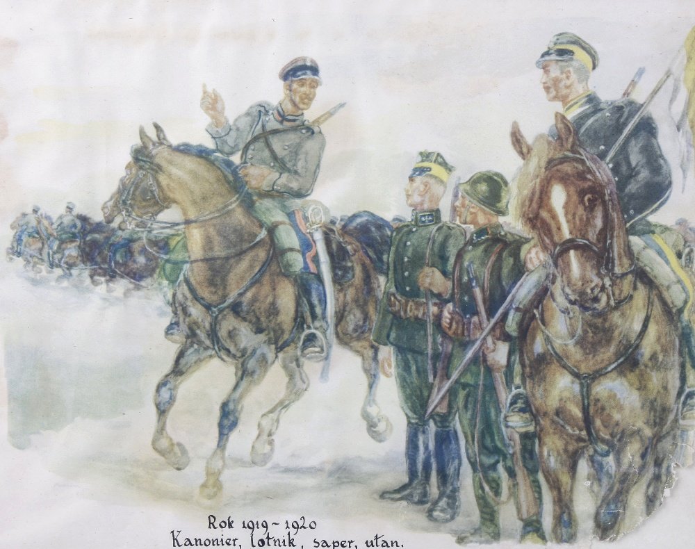 A set of four prints: A set of four framed and glazed prints, each depicting soldiers from the Polish army, World War One and later