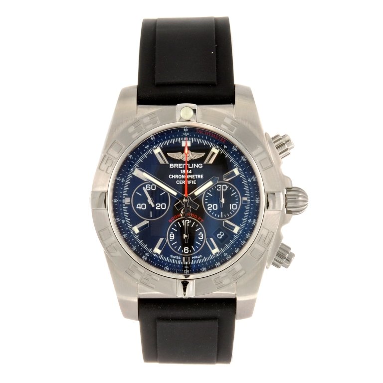 A stainless steel automatic chronograph gentleman's Bre: BREITLING - a stainless steel automatic chronograph gentleman's Windrider Chronomat 44 wrist watch, the black dial with hourly markers, bordered by a minute track, date aperture set between four and f