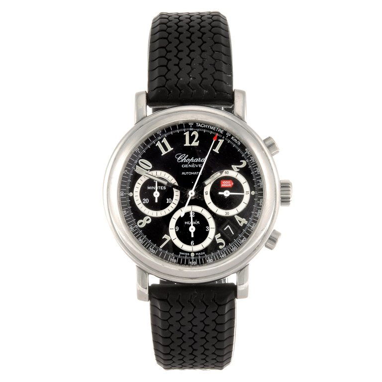 A stainless steel automatic gentleman's Chopard Mille M: CHOPARD - a stainless steel automatic chronograph gentleman's Mille Miglia wrist watch, the black dial with hourly applied Arabic numerals, bordered by a minute track, date aperture between four and f