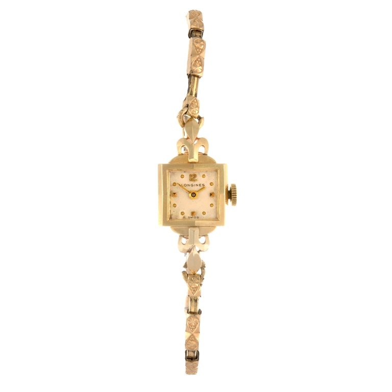 A 14k gold manual wind lady's Longines bracelet watch.: LONGINES - a 14k gold manual wind lady's bracelet watch, the silvered dial with hourly applied gilt markers, Arabic twelve, square case stamped 14k gold, numbered 60C261 104862, fitted to a gold plate