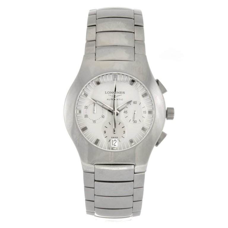 A titanium automatic chronograph gentleman's Longines O: LONGINES - a titanium automatic chronograph gentleman's Oposition bracelet watch, the grey dial with hourly applied silvered markers and minute track, date aperture to six o'clock, subsidiary recorder