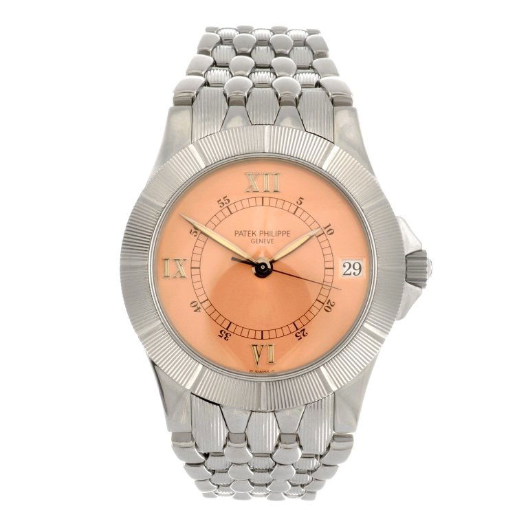 A stainless steel automatic gentleman's Patek Philippe : PATEK PHILIPPE - a stainless steel automatic gentleman's Neptune bracelet watch, the salmon tone sunburst effect dial with quarterly applied Roman numerals, inner minute track with Arabic divisions, d