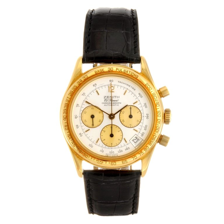 An 18k gold automatic gentleman's Zenith El Primero wri: ZENITH - an 18k gold automatic chronograph gentleman's El Primero wrist watch, the silvered dial with hourly applied gilt batons, Arabic twelve, subsidiary champagne tone recorder dials to three, six 