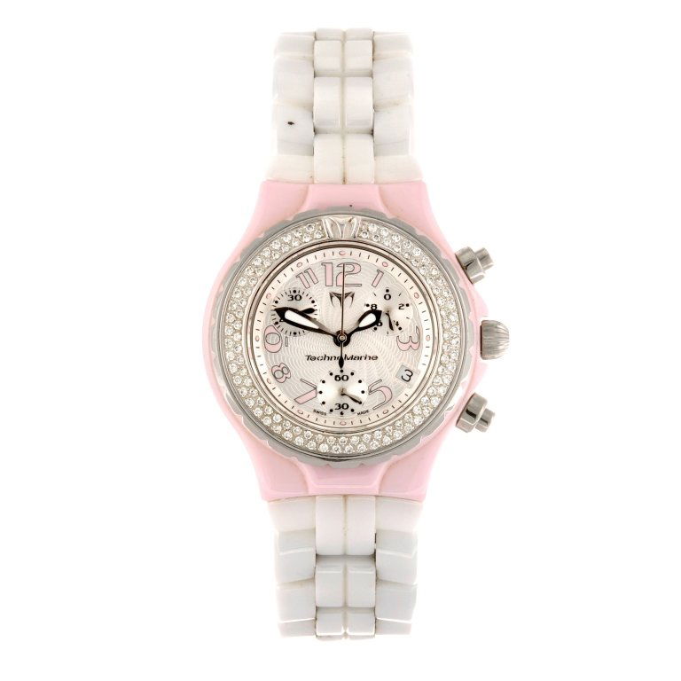 A ceramic quartz lady's Technomarine bracelet watch.: A two tone ceramic quartz chronograph lady's TechnoMarine bracelet watch, the silvered textured dial with pink Arabic numerals, date aperture set to four o'clock, subsidiary recorder dials positioned