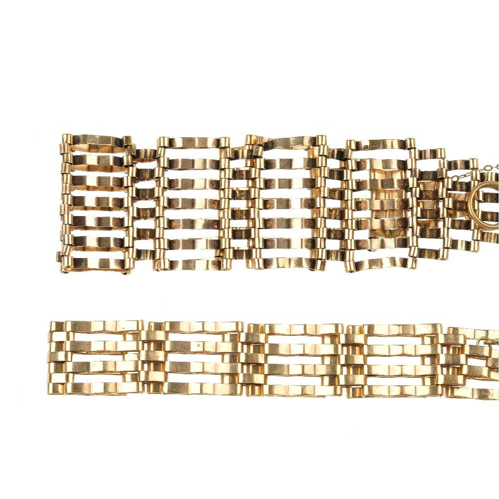 Two gate-link bracelets.: Two 9ct gold gate-link bracelets. To include a four-bar bracelet and a seven-bar bracelet, each with padlock clasp. Hallmarks for London, 1973 and 1977. Lengths 18 to 16.5cms. Weight 9.2gms.