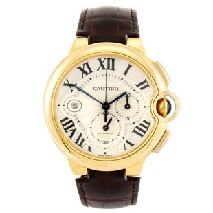 (98999) An 18k gold automatic chronograph Cartier Ballo: (98999) CARTIER - an 18k gold automatic chronograph Ballon Bleu wrist watch, the silvered dial with guilloche effect to the centre, hourly applied black Roman numerals, subsidiary recorder dials to th