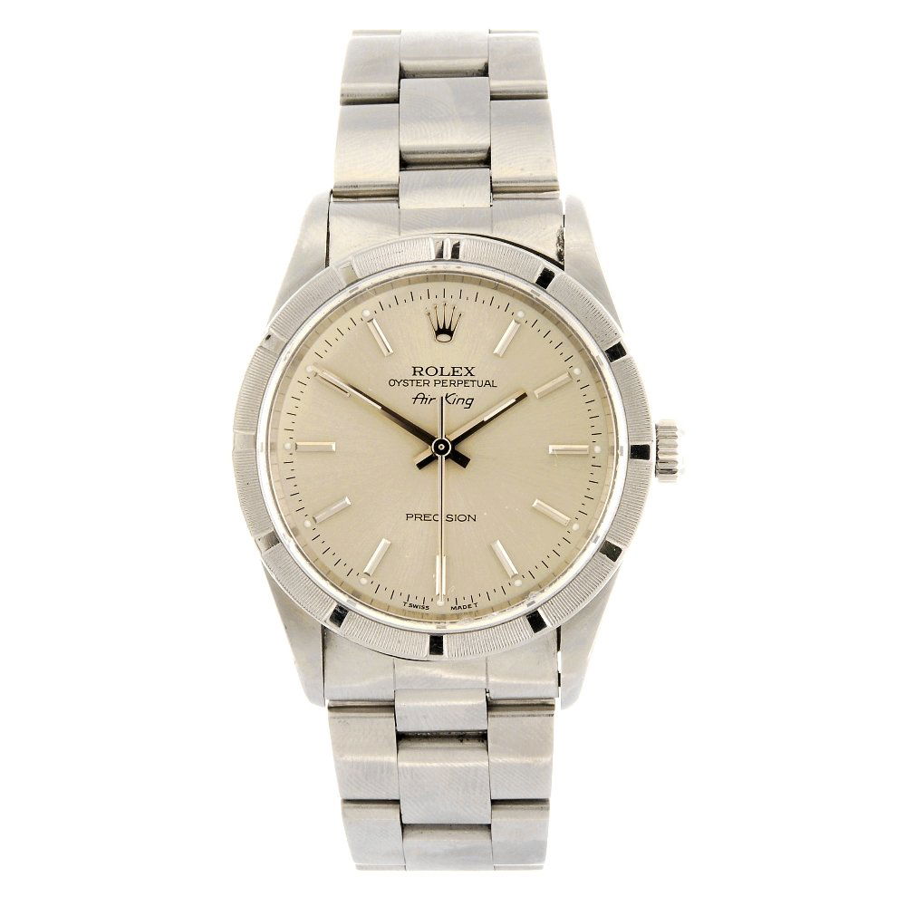 A stainless steel automatic gentleman's Rolex Air-King : ROLEX - a stainless steel automatic gentleman's Oyster Perpetual Air-King Precision bracelet watch circa 1996, the silvered dial with hourly batons, bordered by a minute track, engine turned bezel, to
