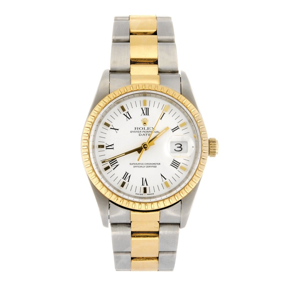 (87704) A bi-metal automatic gentleman's Rolex Date bra: (87704) ROLEX - a bi-metal automatic gentleman's Oyster Perpetual Date bracelet watch circa 2002, the white dial with hourly applied black Roman numerals, date aperture set to three o'clock, surrounde