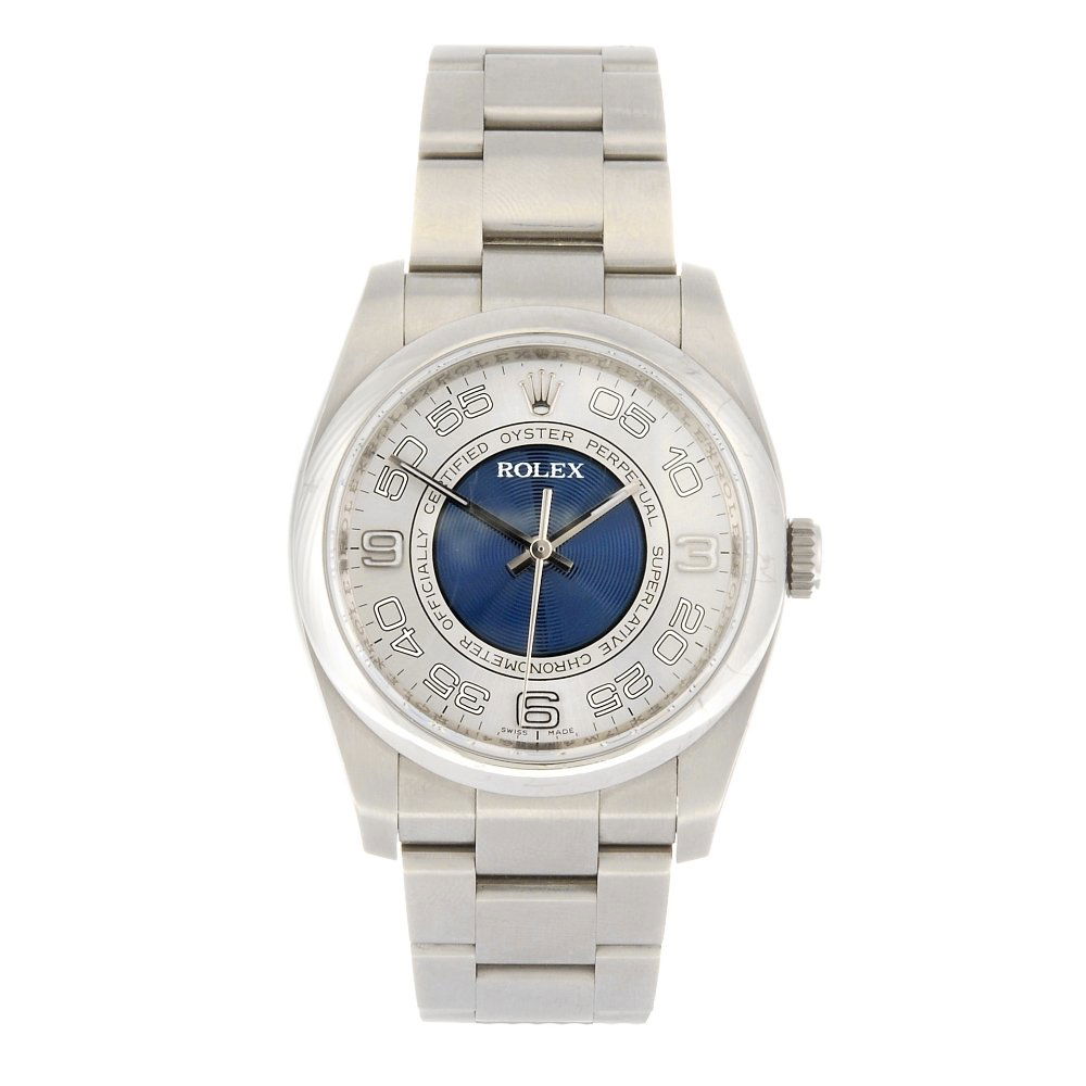 (111252) A stainless steel automatic gentleman's Rolex : (111252) ROLEX - a stainless steel automatic gentleman's Oyster Perpetual bracelet watch circa 2010, the two-tone textured dial with Arabic divisions and minute track, smooth bezel, tonneau shaped cas